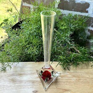 VTG 1960's Bircraft Vase 8.5 Inch Lucite Reverse Carved Red Rose‎ Green Leaves